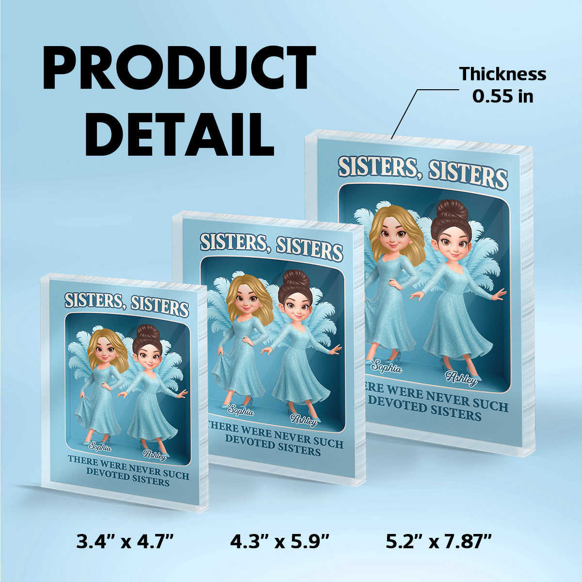 Pretty Cartoon Sisters Besties Blue Dress Toy Box Figure Style Personalized Acrylic Block Plaque