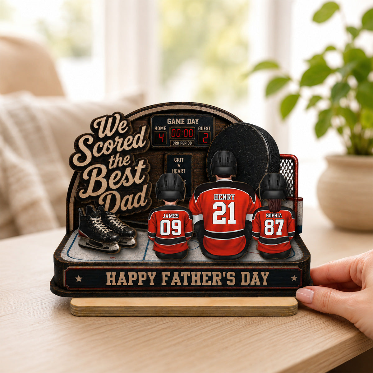 Hockey Dad & Kids Sitting On Court 2D Flat - Personalized 2-Layered Wooden Plaque - Gift For Hockey Dad