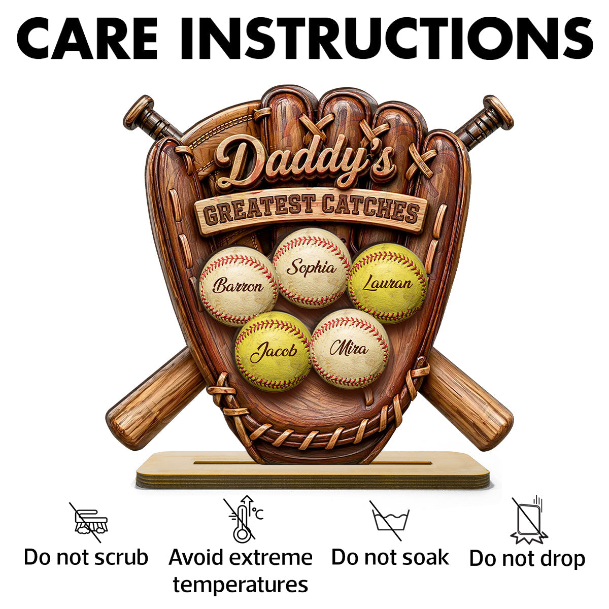 Daddy's Greatest Catches Baseball Softball - Personalized 2-Layered Wooden Plaque - Gift for Husband, Dad