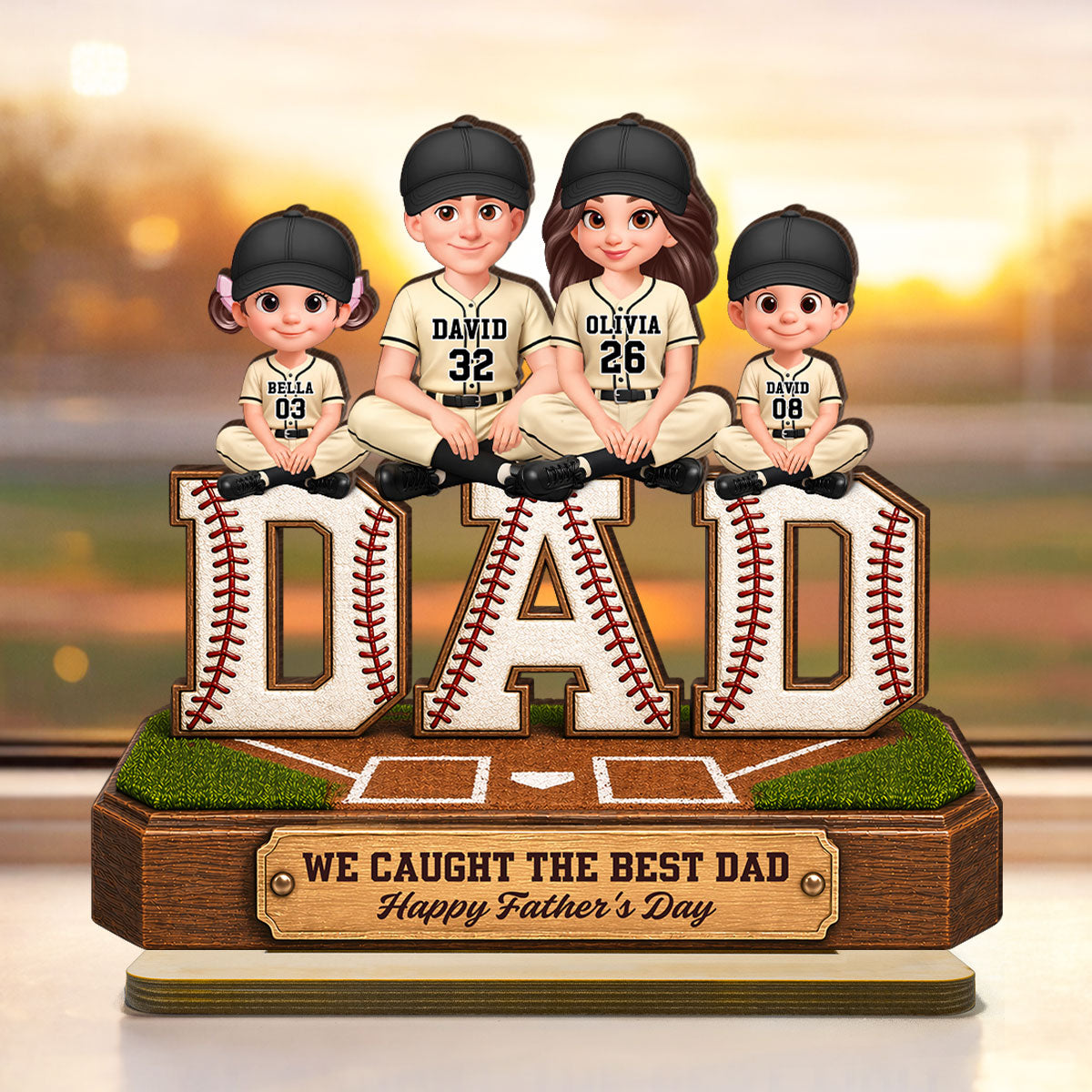 Baseball DAD We Caught The Best Dad - Personalized 2-Layered Wooden Plaque - Gift For Dad