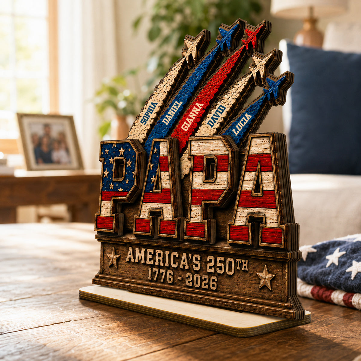 Dad Grandpa Nation Flag American 250th Anniversary - Personalized Wooden Plaque - Gift For Dad, Grandpa