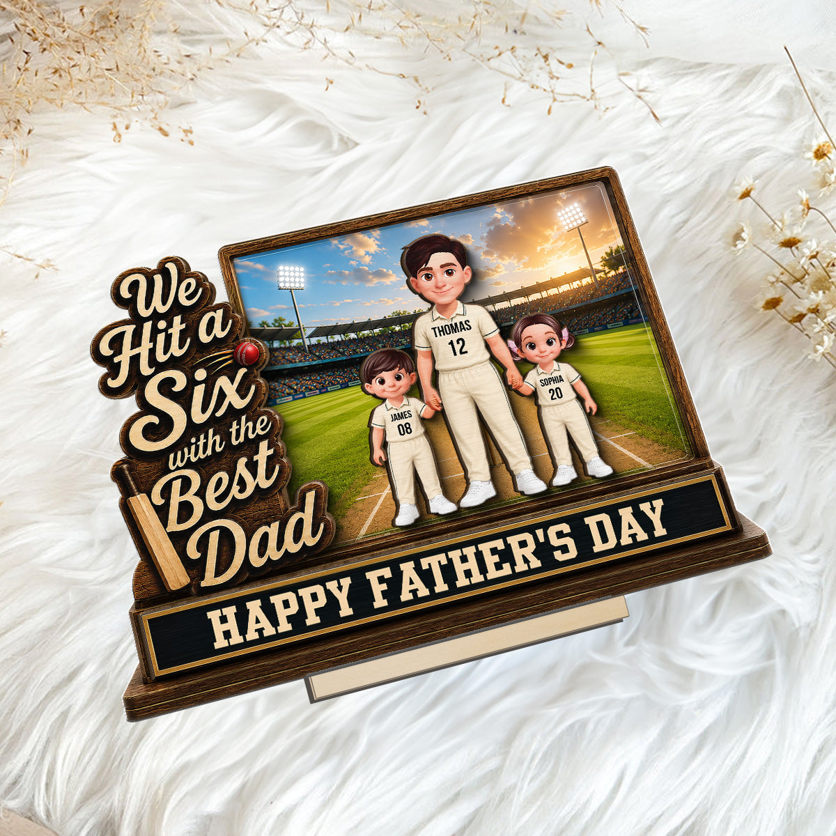 Hit A Six With The Best Dad Cricket Dad & Kids On Field 2D Flat - Personalised 2-Layered Wooden Plaque - Gift For Husband, Dad