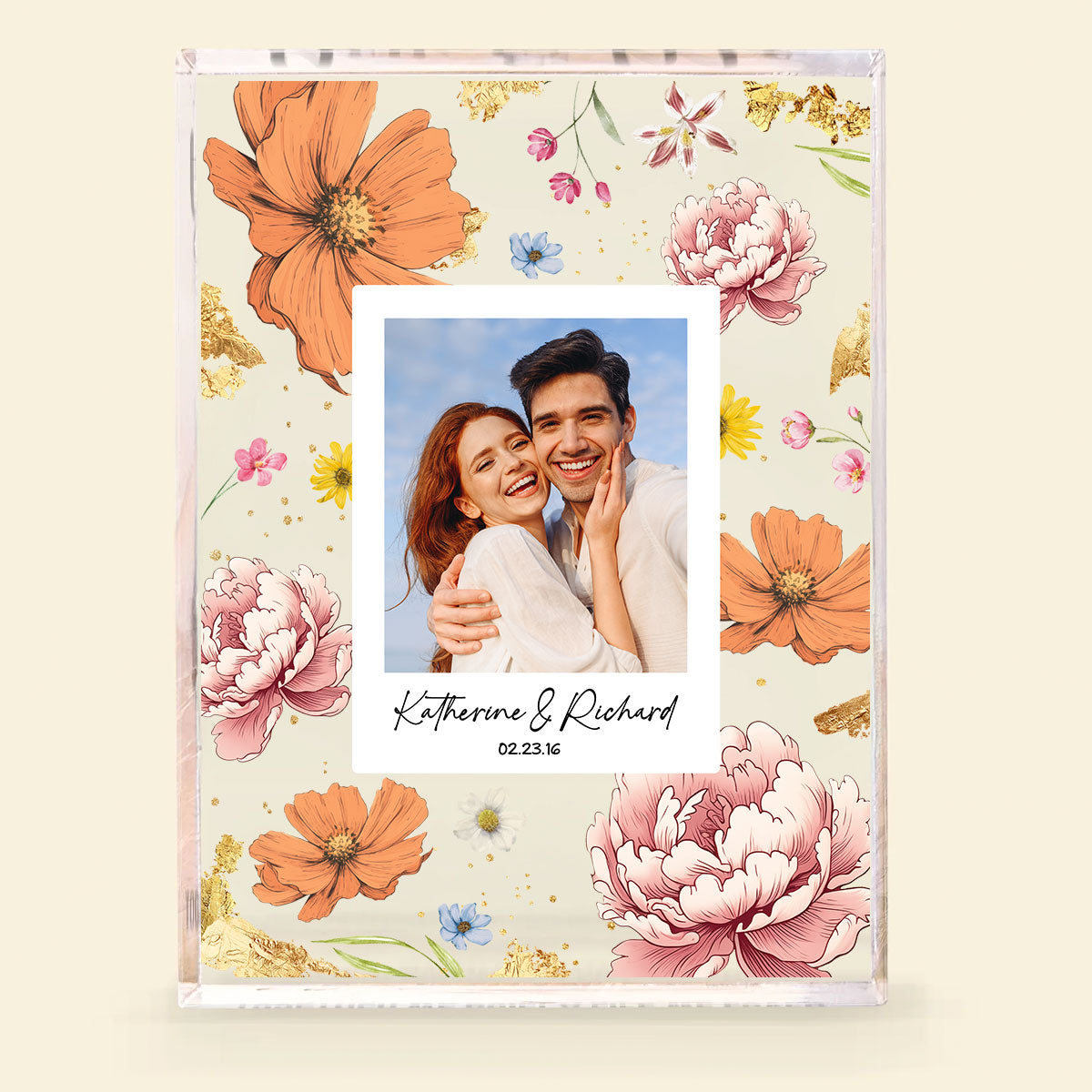 Couple Upload Photo Birth Month Flowers Personalized Acrylic Block Plaque, Anniversary Gift, Gift