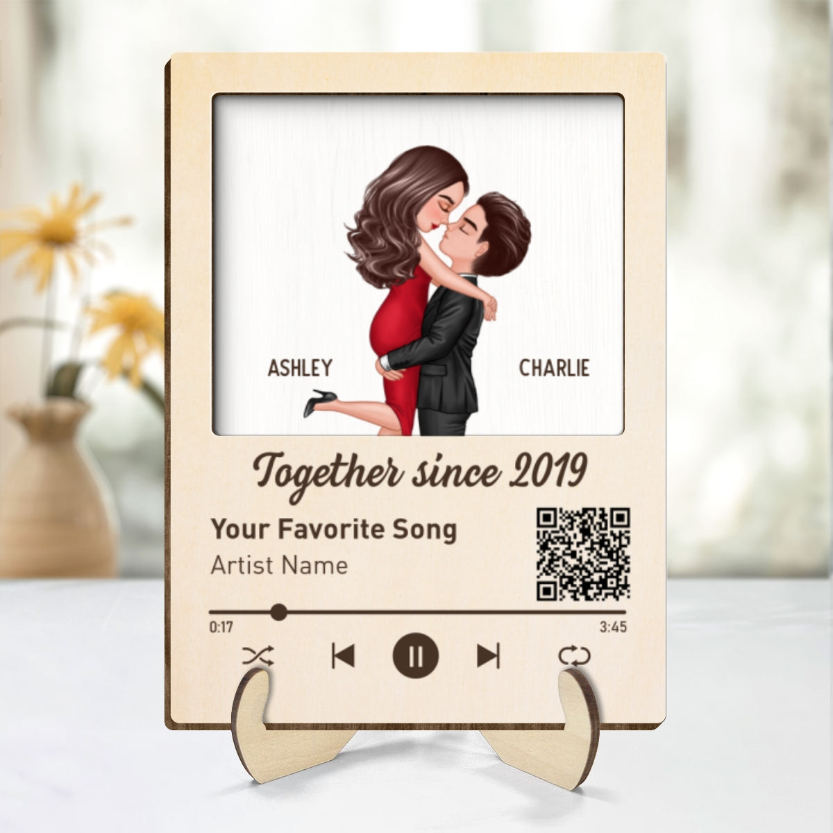 Couple Kissing Favorite Song QR Code Gift Personalized 2-layer Wooden Plaque