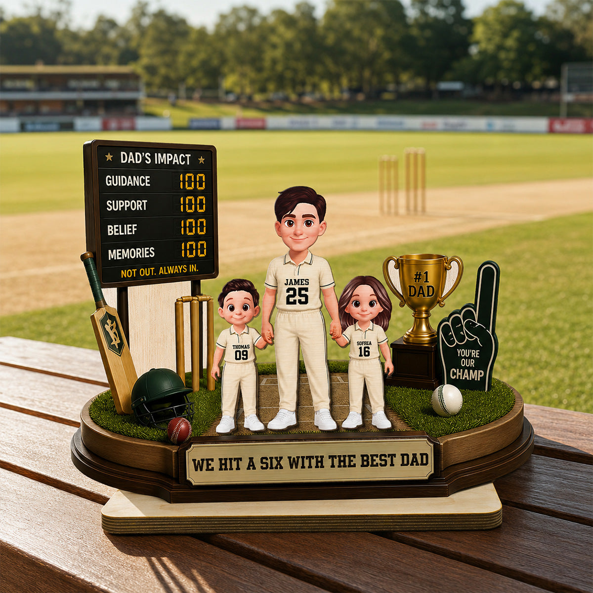 Hit A Six With The Best Dad Cricket Dad & Kids - Personalised 2-Layered Wooden Plaque - Gift For Husband, Dad