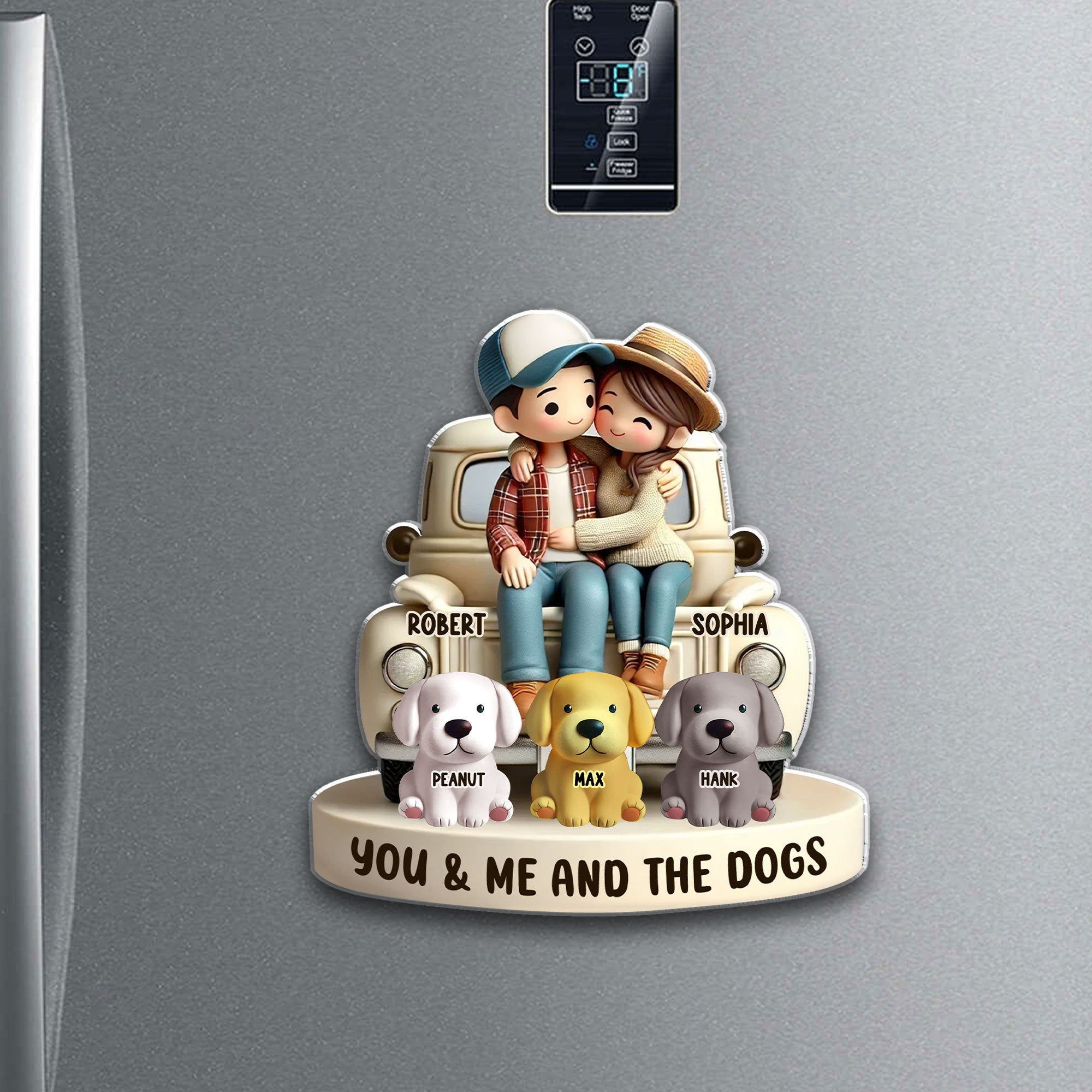 3D Effect Couple On Truck You Me And The Dog Cats Personalized Fridge Magnet, Heartfelt Gift For Couple, For Dog Lovers, Cat Lovers, Pet Lovers