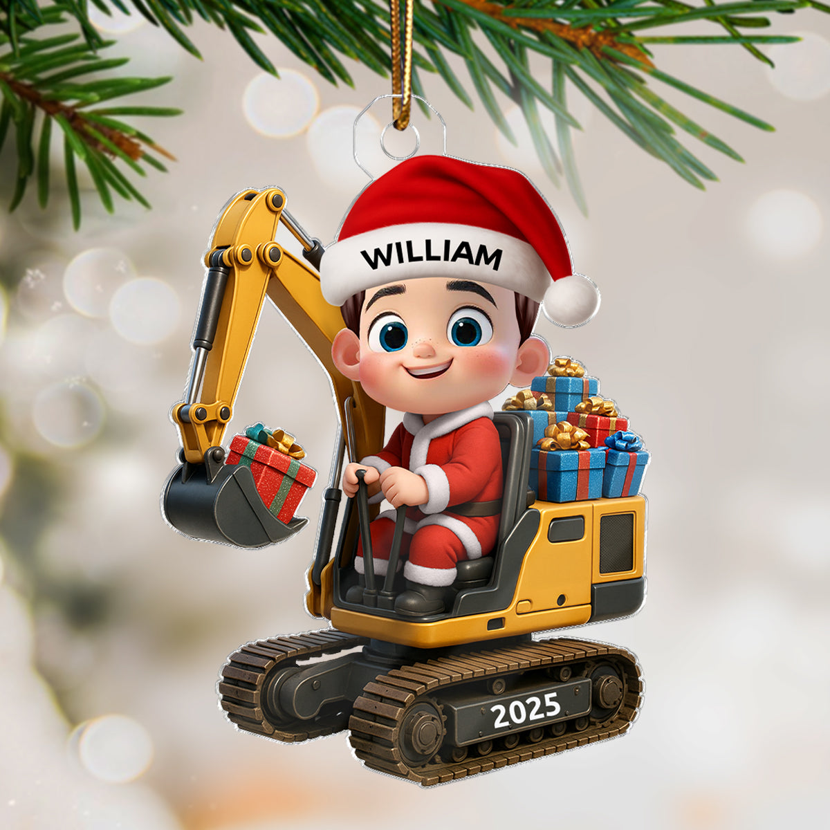 3D Effect Cute Cartoon Kid With Christmas Excavator Personalized Acrylic Ornament, Christmas Gift For Grandkids, Kids