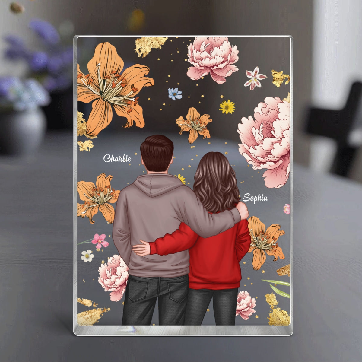 Couple Hugging Back View Birth Month Flower Personalized Acrylic Block Plaque, Heartfelt 2025 Gift, Anniversary Gift For Girlfriend, For Wife