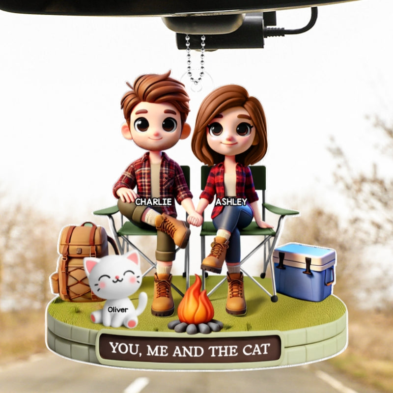 3D Effect Camping Couple And Dogs Cats Personalized Acrylic Car Hanger, Gift, Anniversary Gift, Couple Keepsake