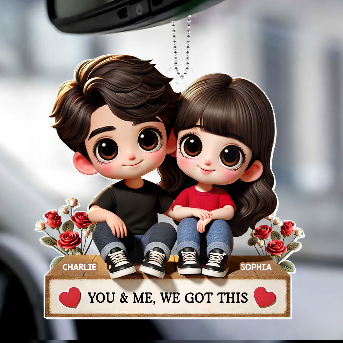3D Effect Cartoon Couple Sitting Next To Each Other Personalized Acrylic Car Hanger, Anniversary Gift for him, Gift for her