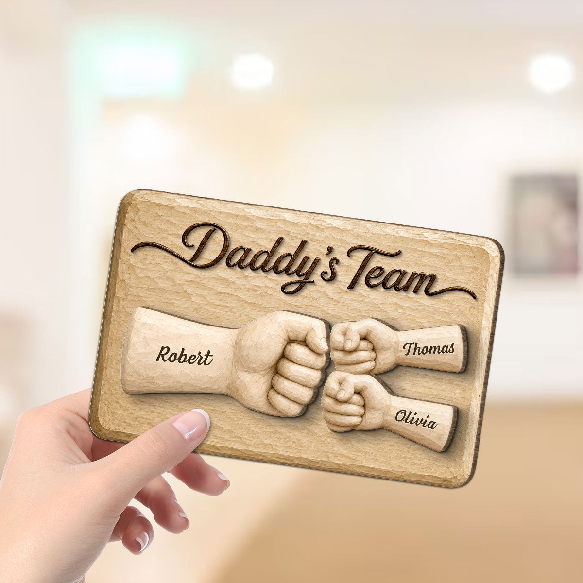 Sentimental Rustic Daddy's Team Fist Bump - Personalized 2-Layered Wooden Plaque - Gift For Dad, Husband