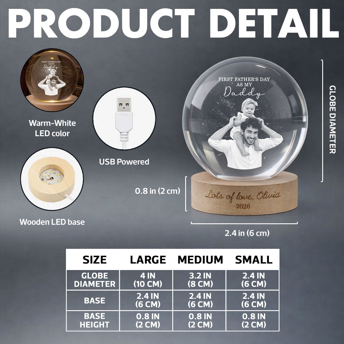 First as My Daddy - Personalized Crystal Ball LED Night Light - Gift for Dad