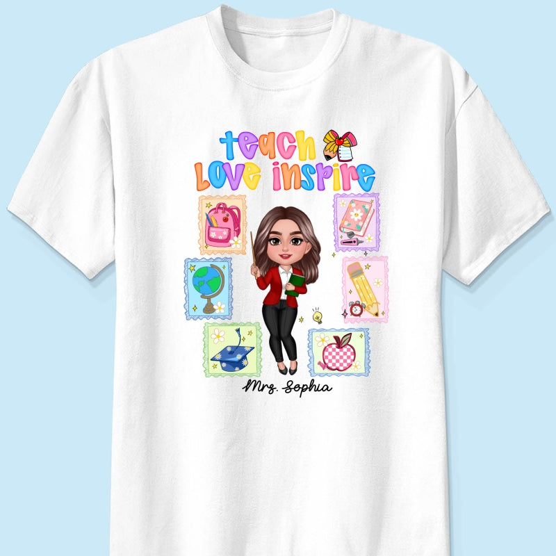 Teach Love Inspire Preppy School Thing Stamp Teacher Personalized Shirt, Back to School