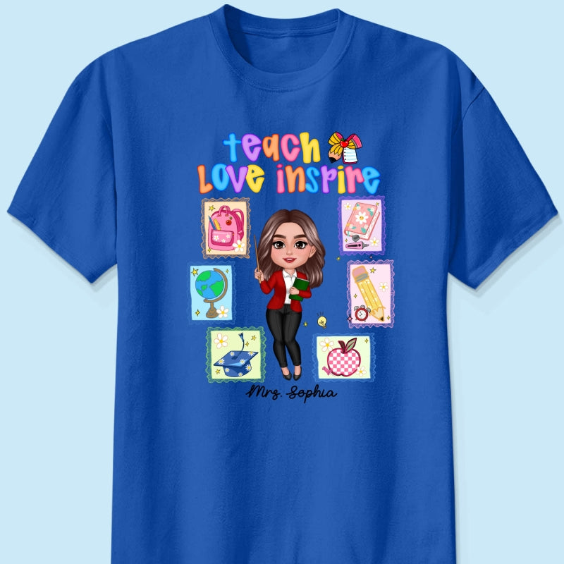 Teach Love Inspire Preppy School Thing Stamp Teacher Personalized Shirt, Back to School