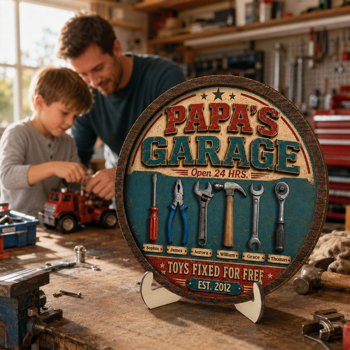 Papa Dad's Garage Toys Fixed For Free Custom Kid Name 2D Flat - Personalized 2-Layered Wooden Plaque - Gift For Mechanic Dad, Grandpa