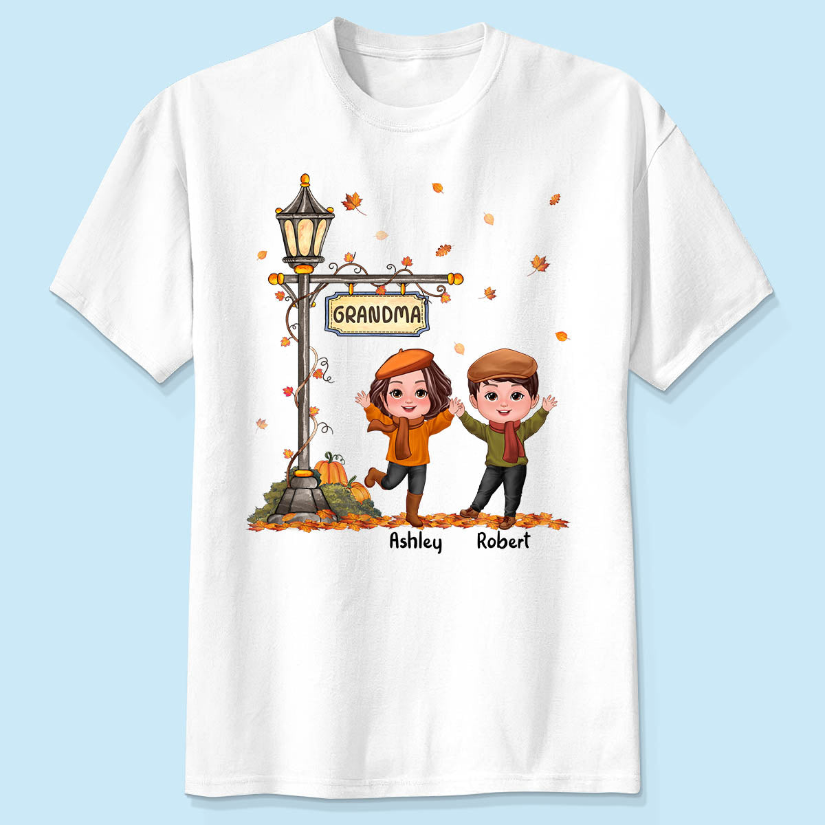 Fall Season Happy Doll Kids Under Lamp Post Personalized Shirt, Fall Season Gift For Grandma