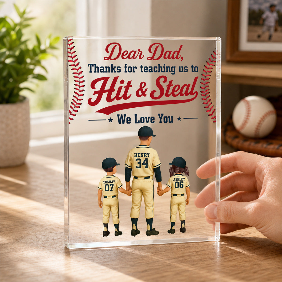 Thank You For Teaching Us To Hit & Steal Baseball Dad & Kids - Personalized Acrylic Block Plaque - Gift For Dad, Husband