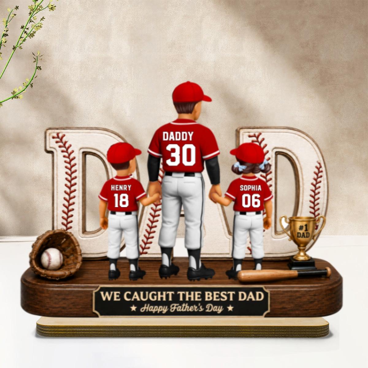 No 1 Baseball Dad Legend We Caught The Best Dad - Personalized 2-Layered Wooden Plaque - Gift For Dad, Husband