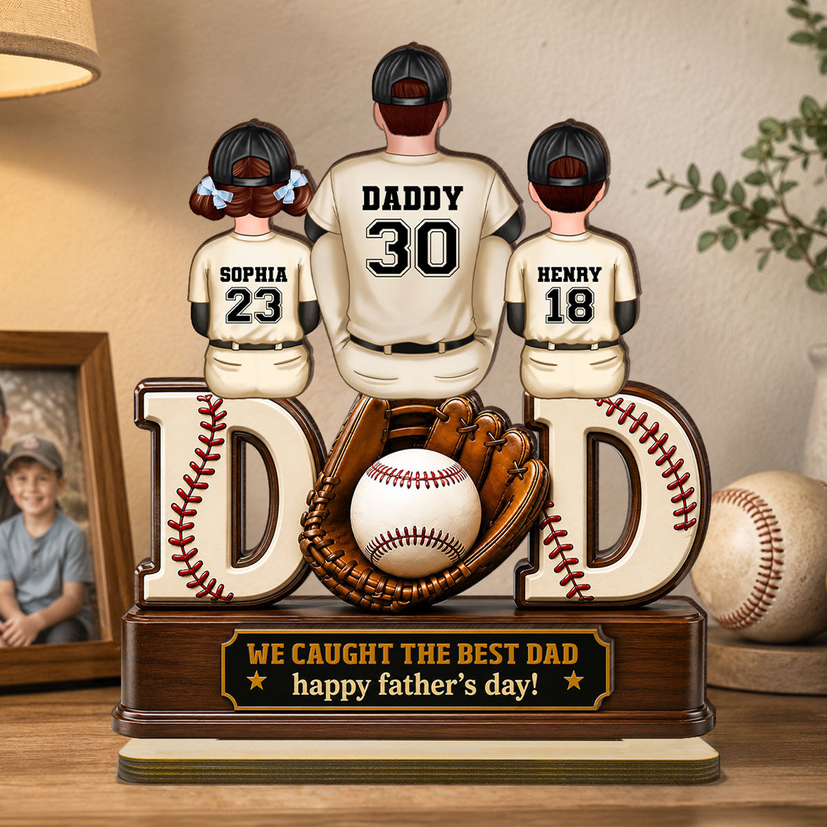 Dad And Children Baseball Gloves - Personalized 2-Layered Wooden Plaque - Gift for Dad, Husband