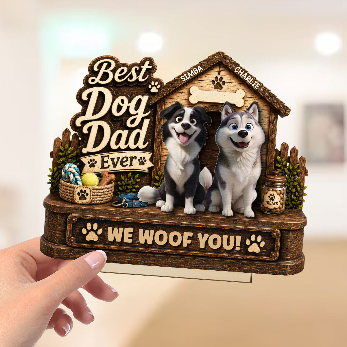 Best Dog Dad Ever Cute Dogs 2D Flat - Personalized 2-Layered Wooden Plaque - Gift For Dog Dad