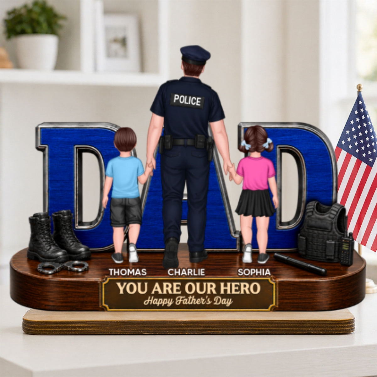 Proud American Police Dad You Are Our Hero - Personalized 2-Layered Wooden Plaque - Gift For Dad
