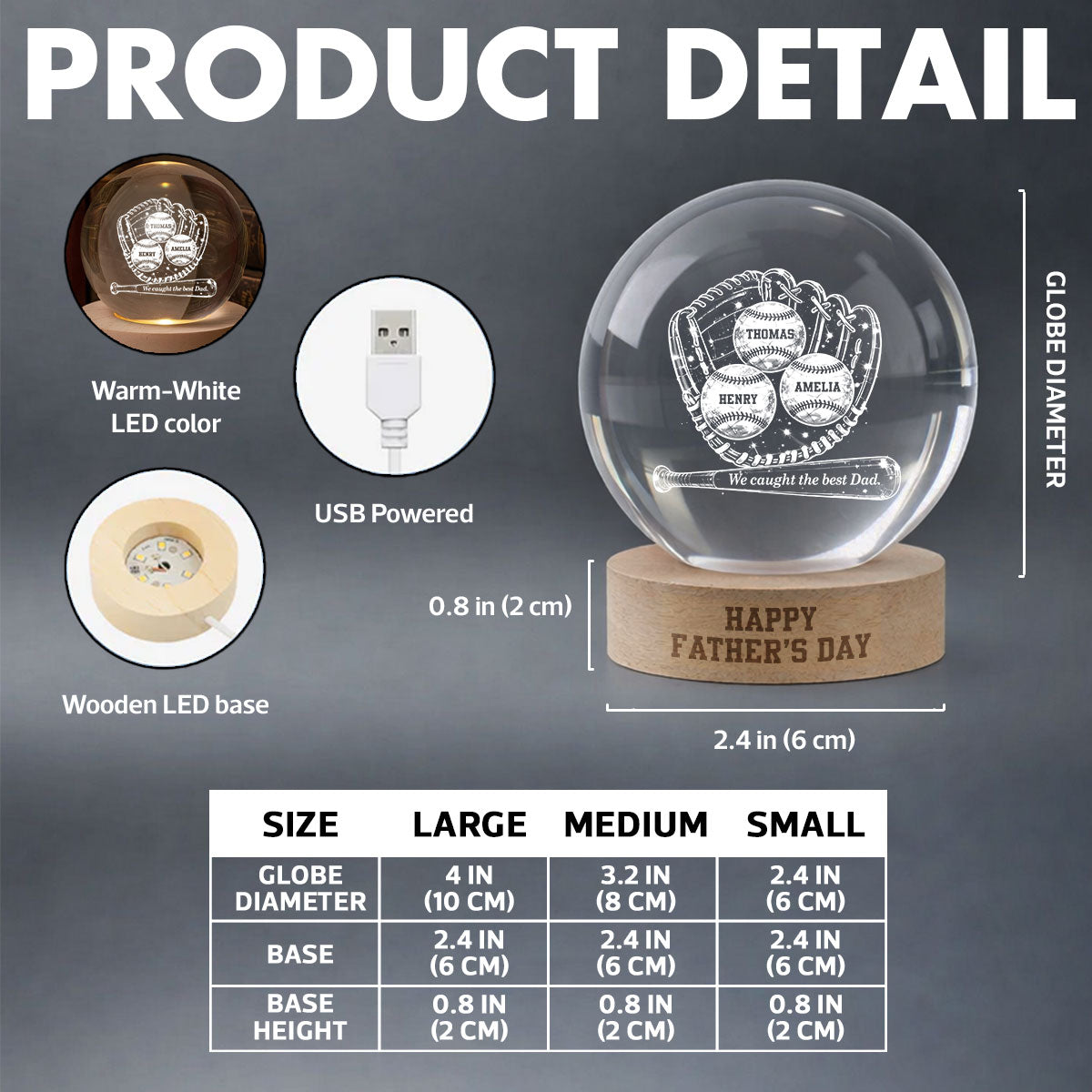 Happy Baseball Dad - Personalized Crystal Ball LED Night Light - Gift for Dad, Husband