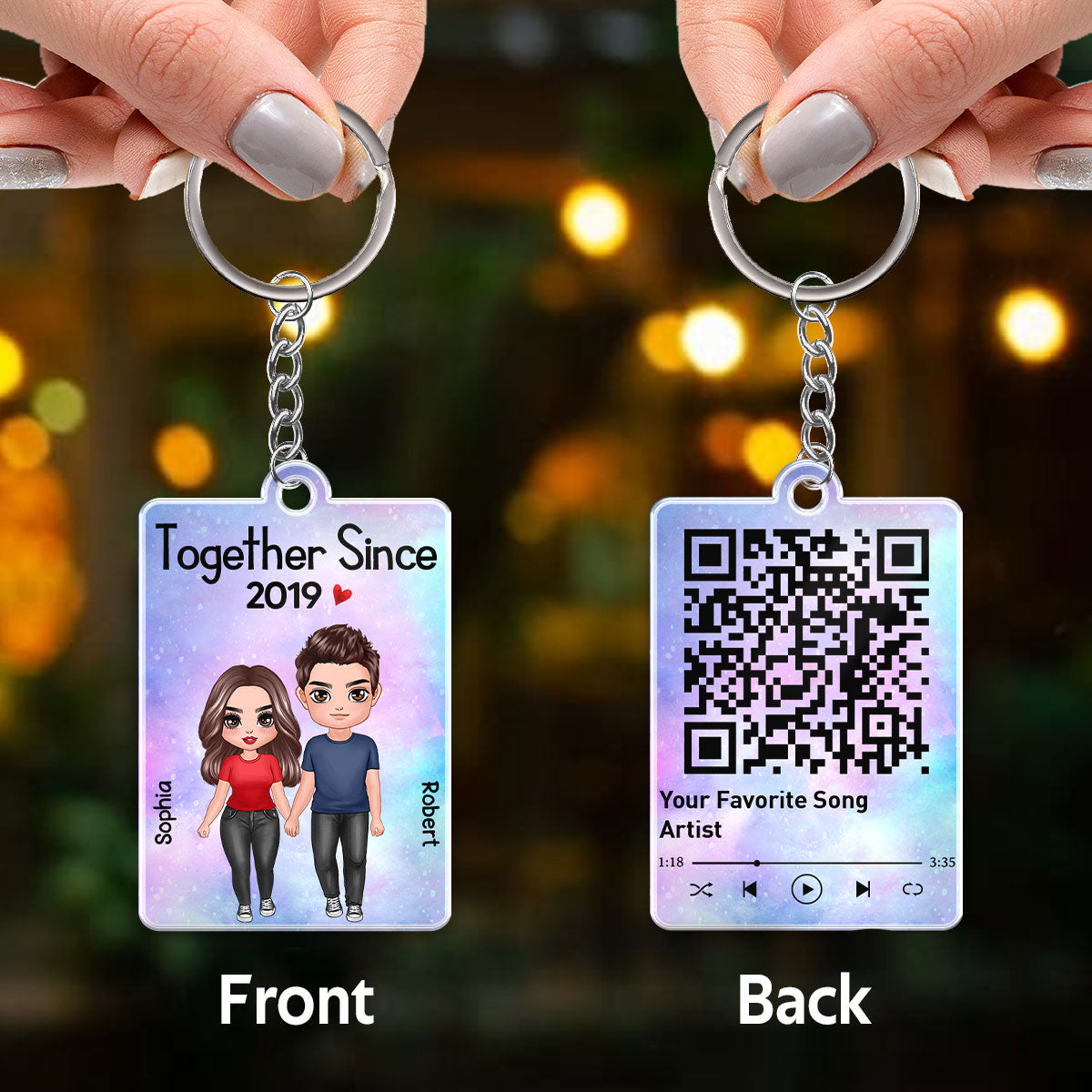 Standing Doll Couple Together Since Favorite Song Scannable QR Code - Personalized Acrylic Keychain