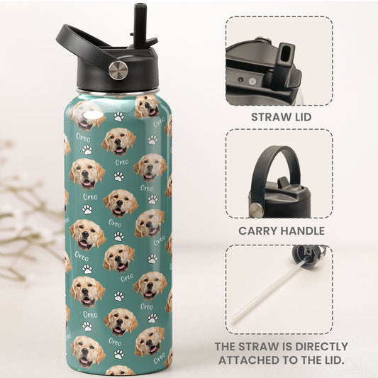 Water Bottle With Funny Pet Face - Personalized Photo Stainless Steel Water Bottle
