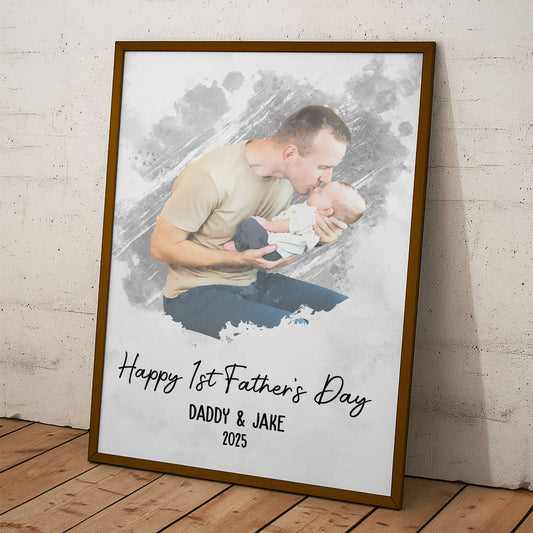 Father's Day Gifts, Watercolor Style Happy 1st Father's Day - Personalized Photo Poster/Canvas