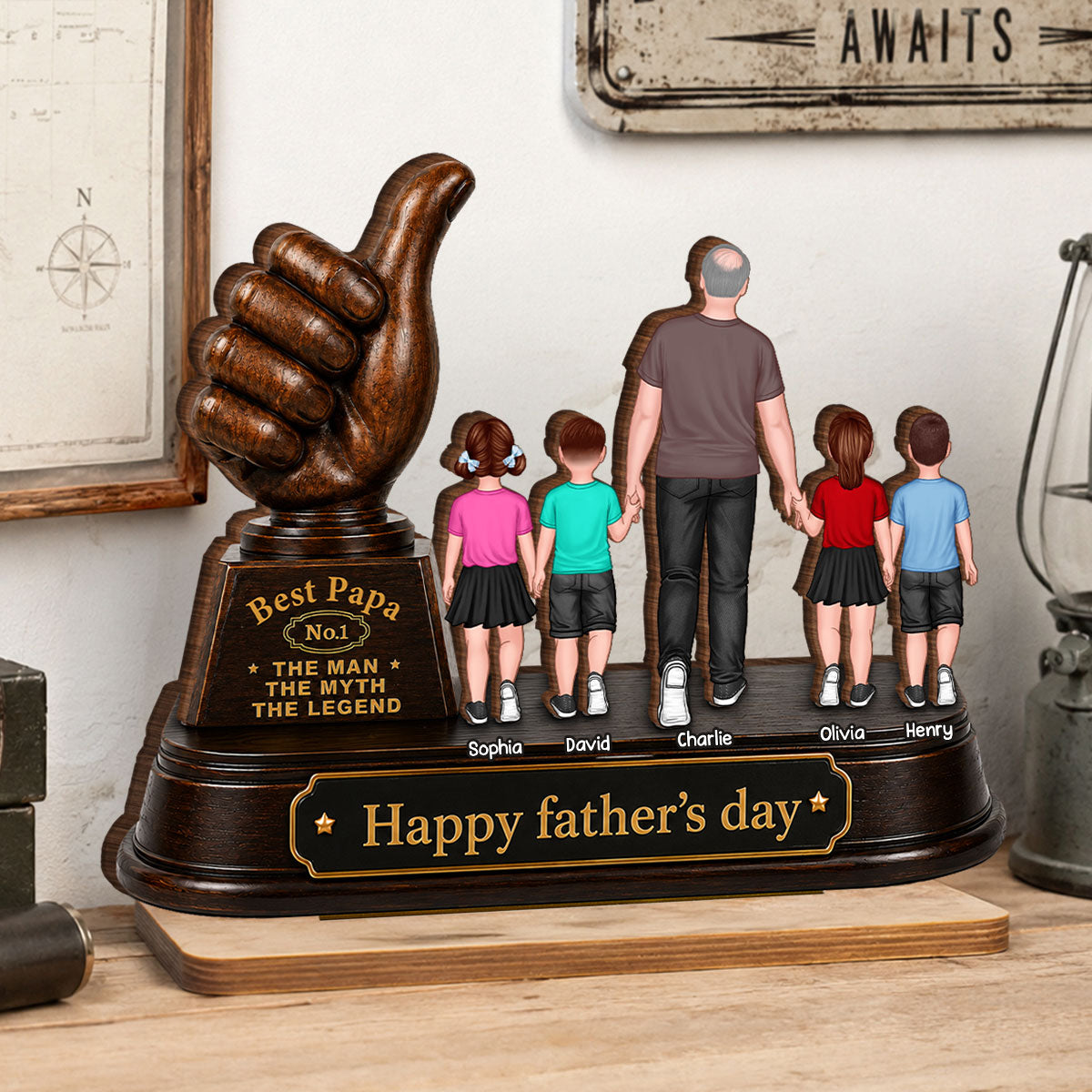 No. 1 Dad Grandpa Trophy - Personalized 2-Layered Wooden Plaque - Gift for Dad, Husband