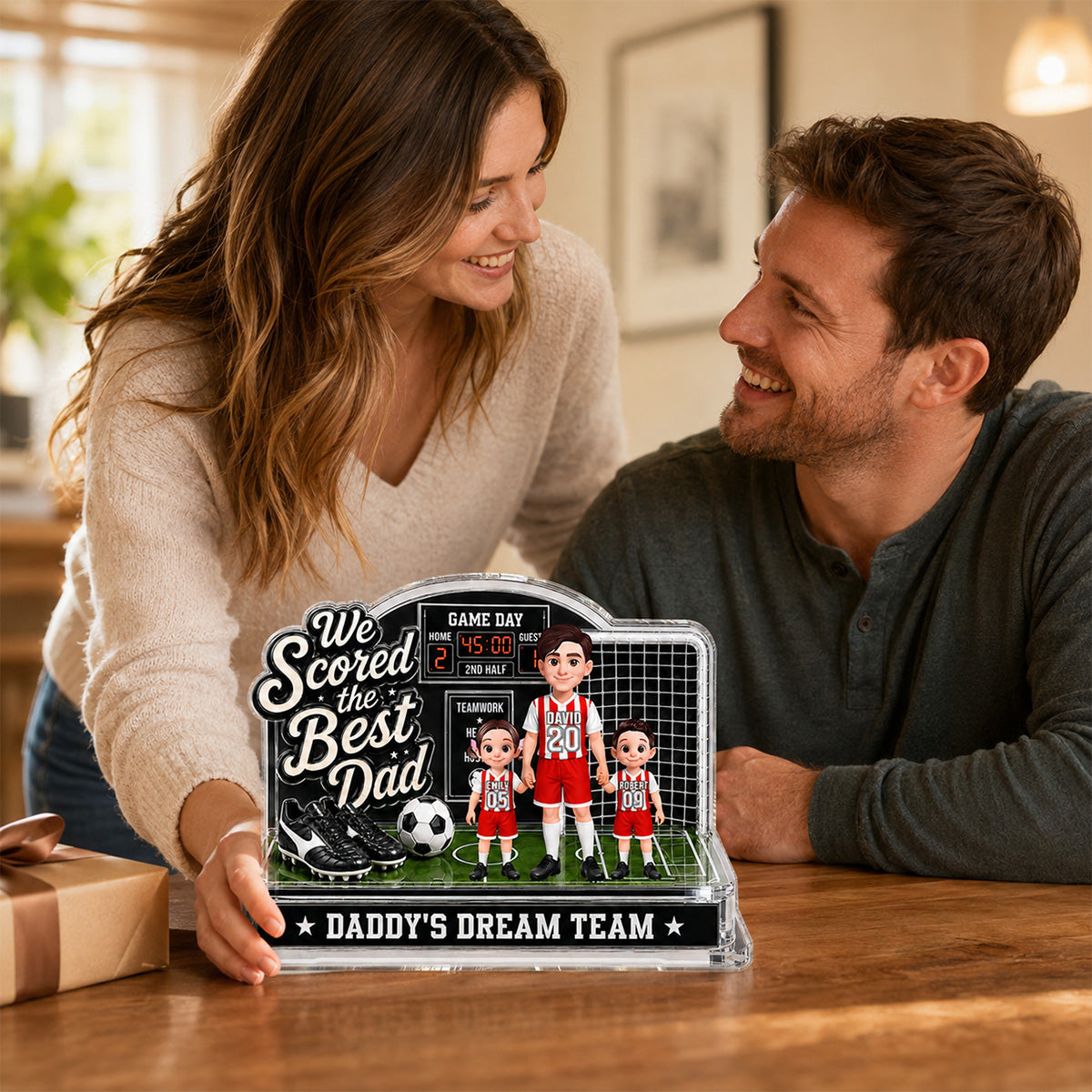Soccer Dad & Kids On Court 2D Flat - Personalized Acrylic Block Plaque - Gift For Soccer Dad, UK Football Dad