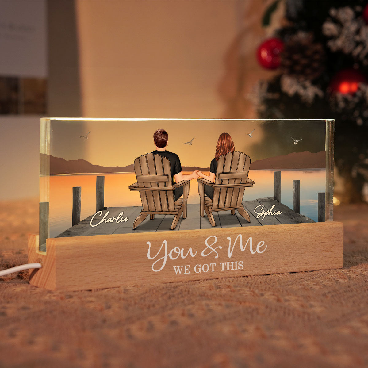Couple Sitting On The Bridge, Lake Dock Personalized Acrylic Block LED Night Light, Heartfelt 2025 Gift For Couple, For Her, Girlfriend, Wife