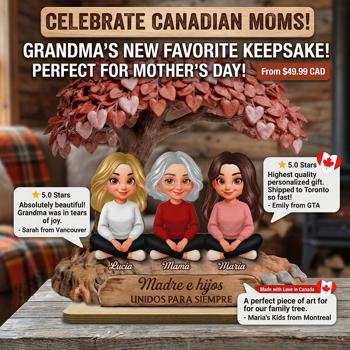 Mam y Hija Hijo Bajo el rbol del Corazn - Placa de Madera Personalizada de 2 Capas - Regalo para Mam