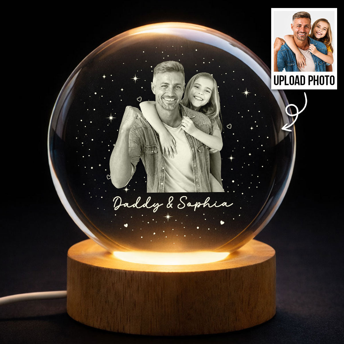 Dad And Kid Custom Upload Photo - Personalized Crystal Ball LED Night Light - Gift For Dad