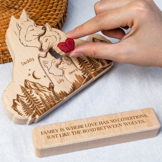Father's Day Gifts, Wooden Wolf Family With Names - Personalized Wooden Wolf Family Puzzle