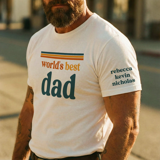 Father's Day Gifts, World’s Best Dad Retro 70s Vintage Father’s Day Gift With Kids’ Names - Up To 12 Names - Personalized Shirt