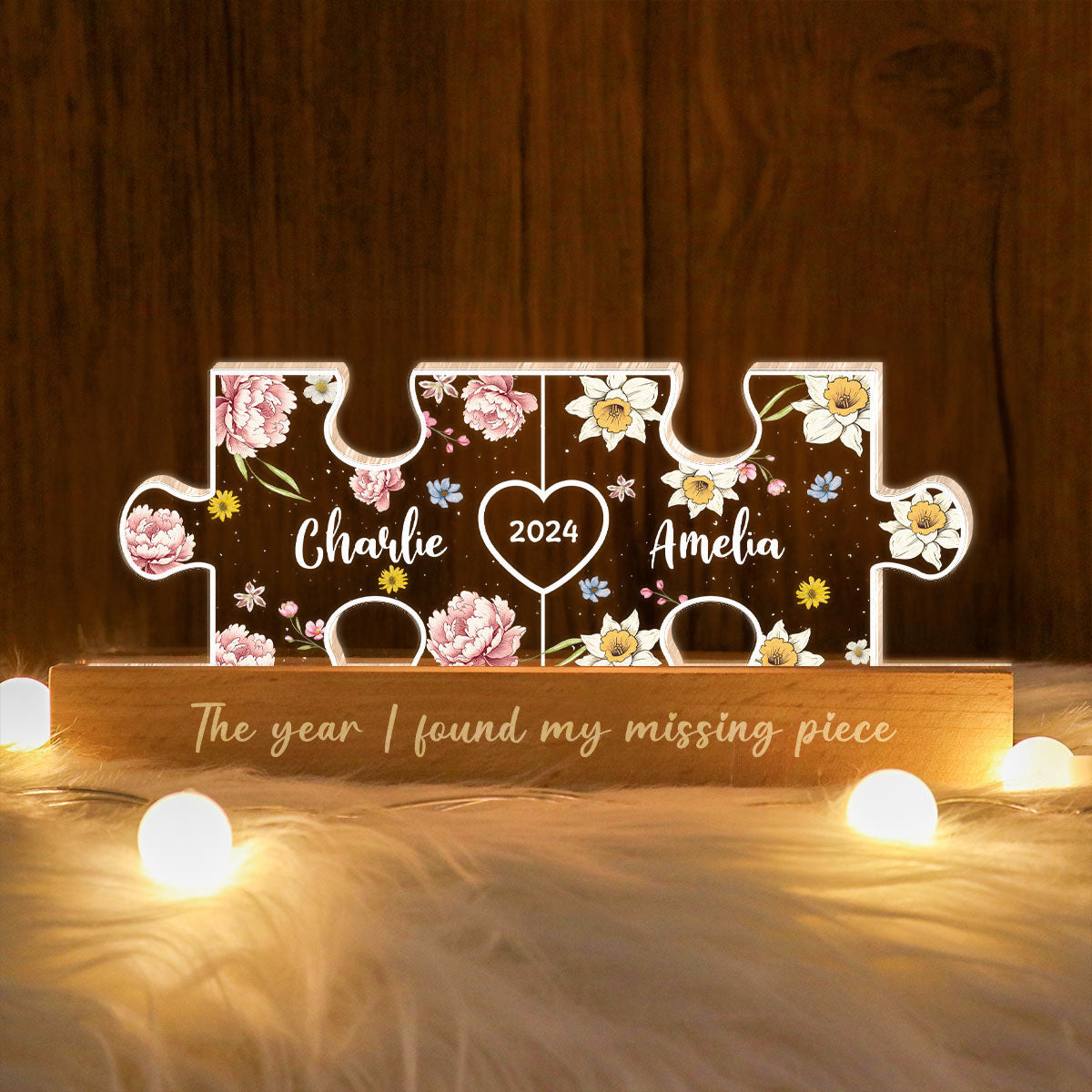 Couple Puzzle Birth Month Flower Theme Anniversary Gift Personalized Acrylic LED Night Light, Heartfelt 2025 Gift, Anniversary Gift For Her, For Girlfriend, For Wife