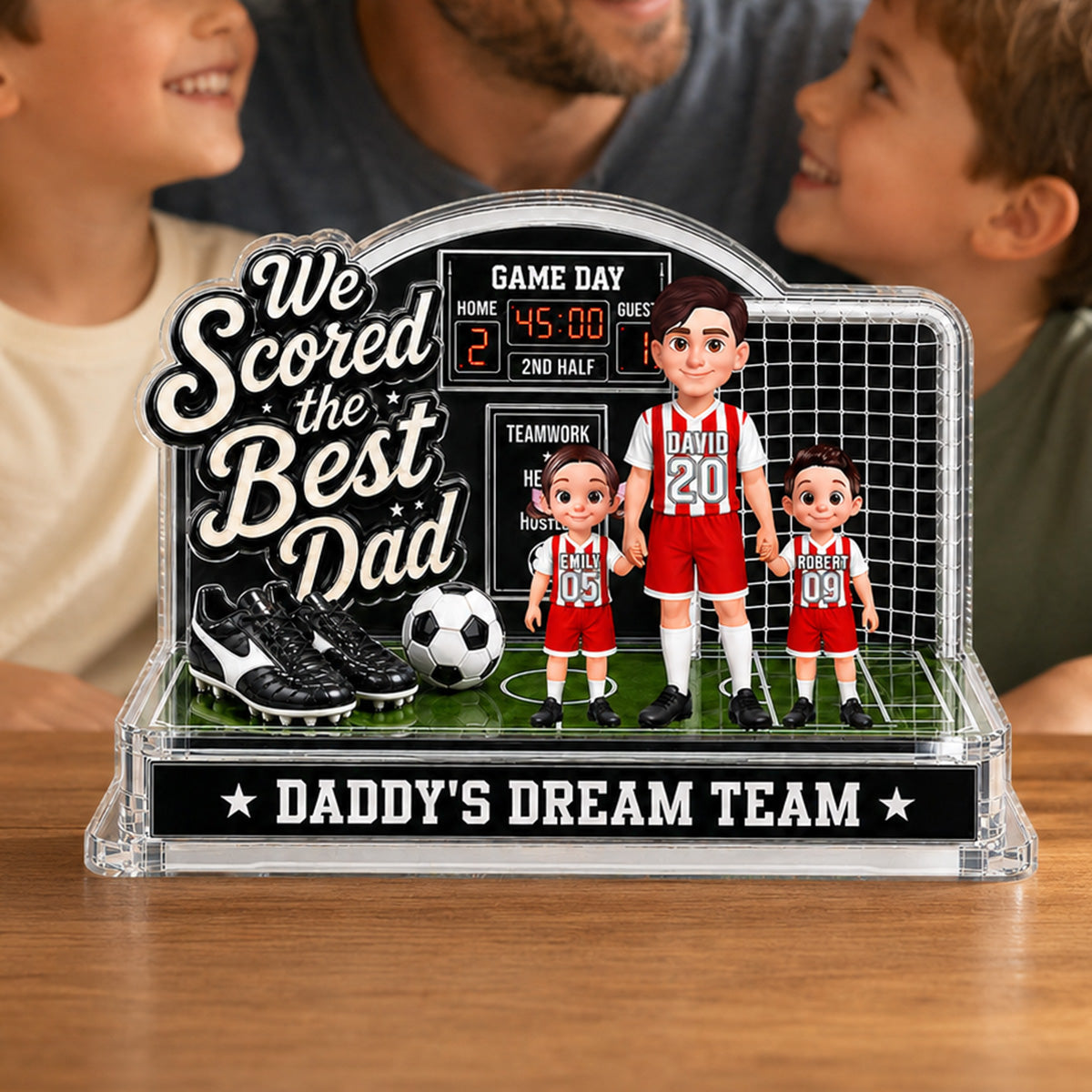 Soccer Dad & Kids On Court 2D Flat - Personalized Acrylic Block Plaque - Gift For Soccer Dad, UK Football Dad