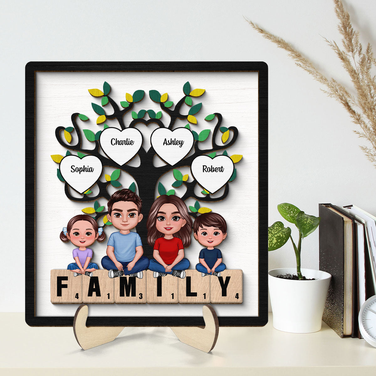 Family Crossed Legs Under Tree On Text Personalized 2-layer Wooden Plaque