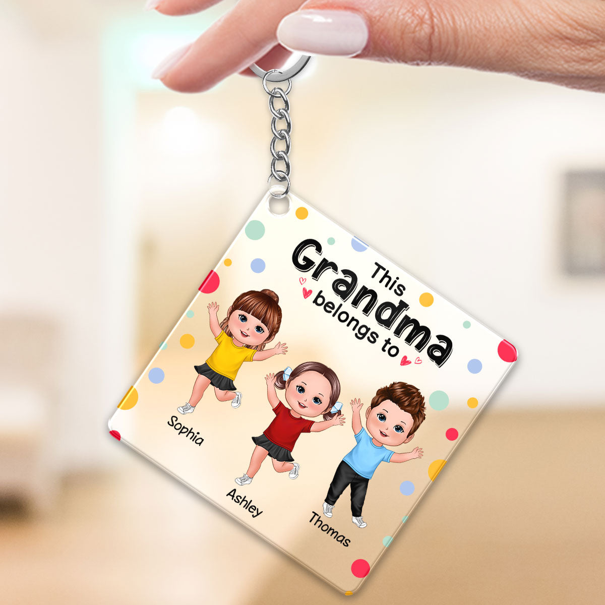 This Grandma Mom Belongs To Happy Doll Kids Colorful Dot Personalized Acrylic Keychain