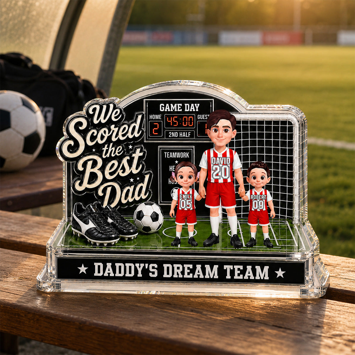 Soccer Dad & Kids On Court 2D Flat - Personalized Acrylic Block Plaque - Gift For Soccer Dad, UK Football Dad