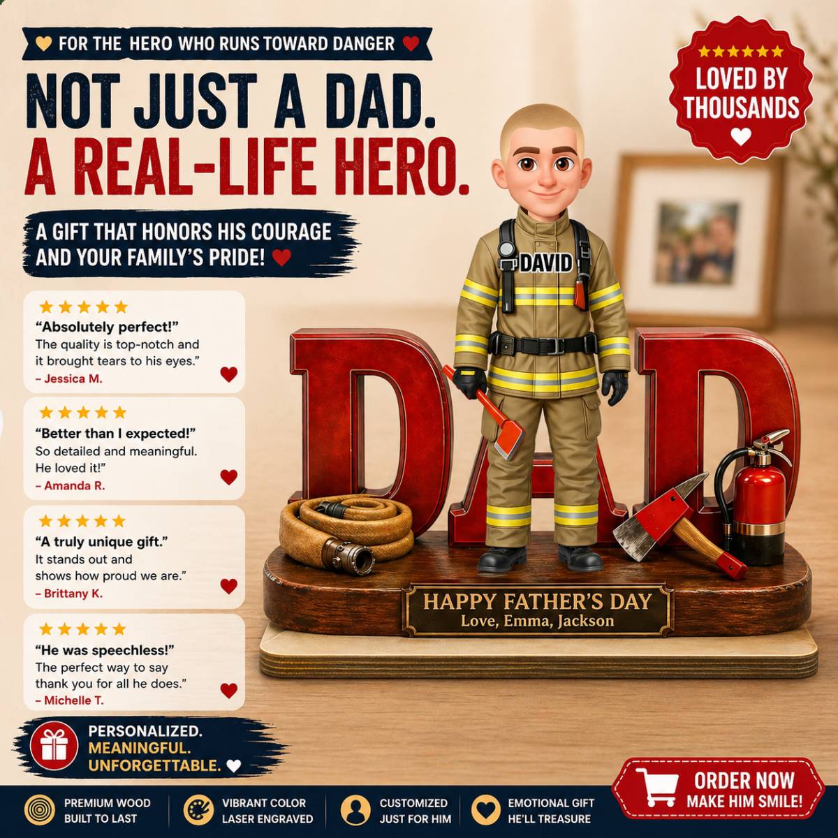 Proud American Firefighter Dad - Personalized 2-Layered Wooden Plaque - Gift For Dad