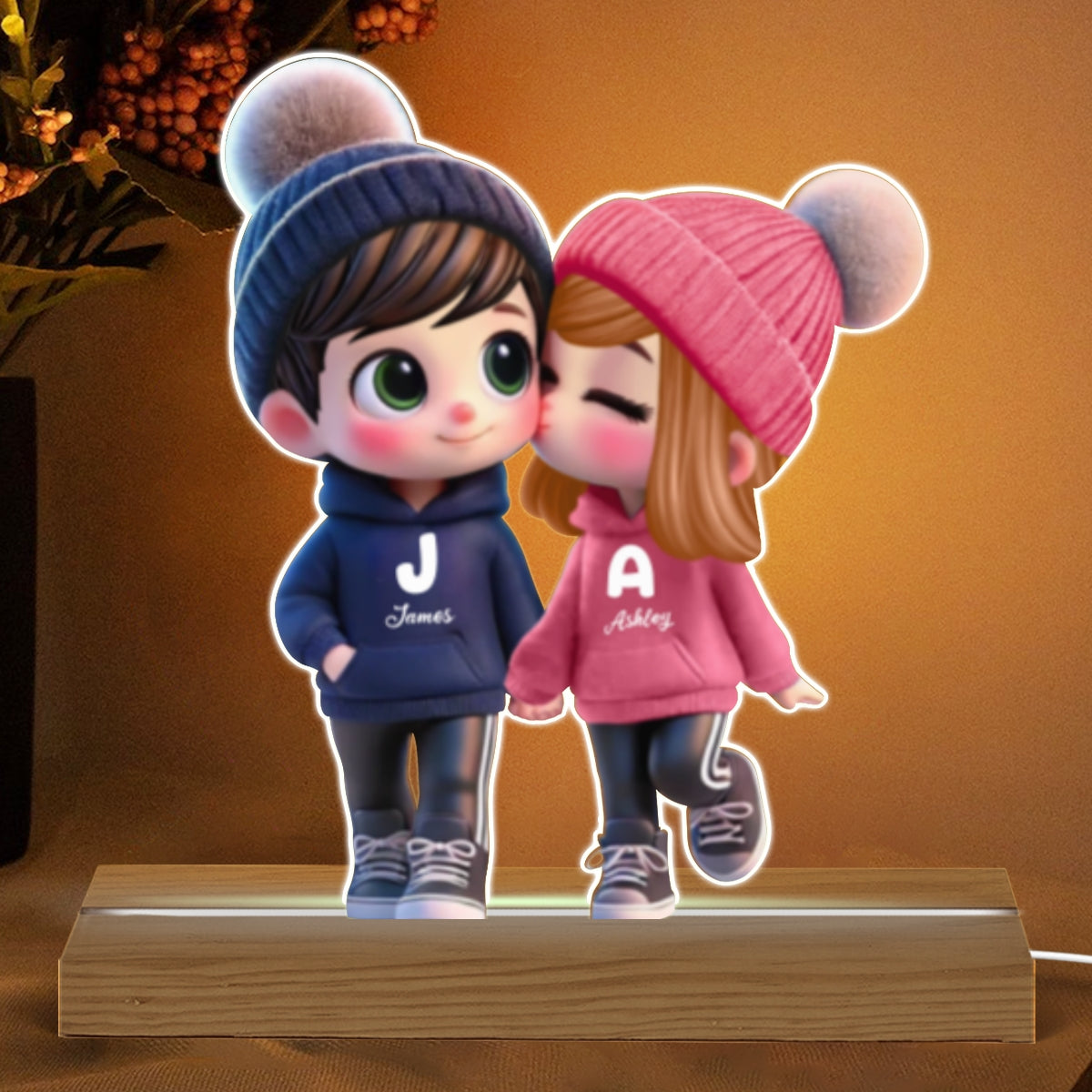 3D Effect Cute Cartoon Couple Walking Personalized Custom Shaped LED Night Light, Gift for Him, Gift for Her