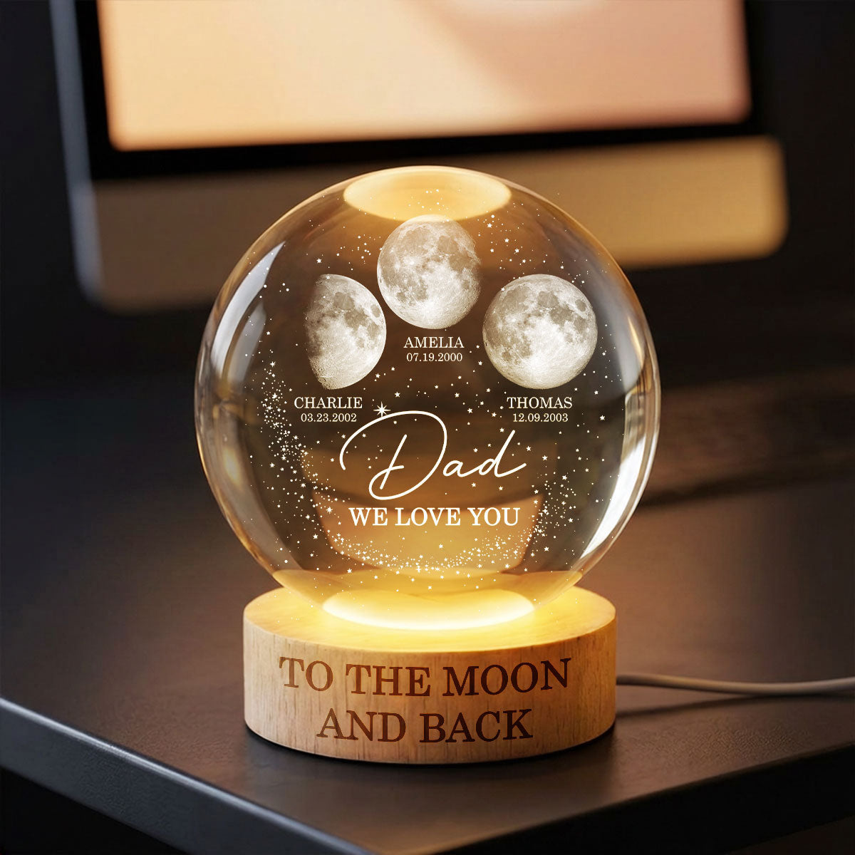 Love to the Moon and Back - Personalized Crystal Ball LED Night Light - Custom Moon Phase by Date, Gift for Dad, Husband