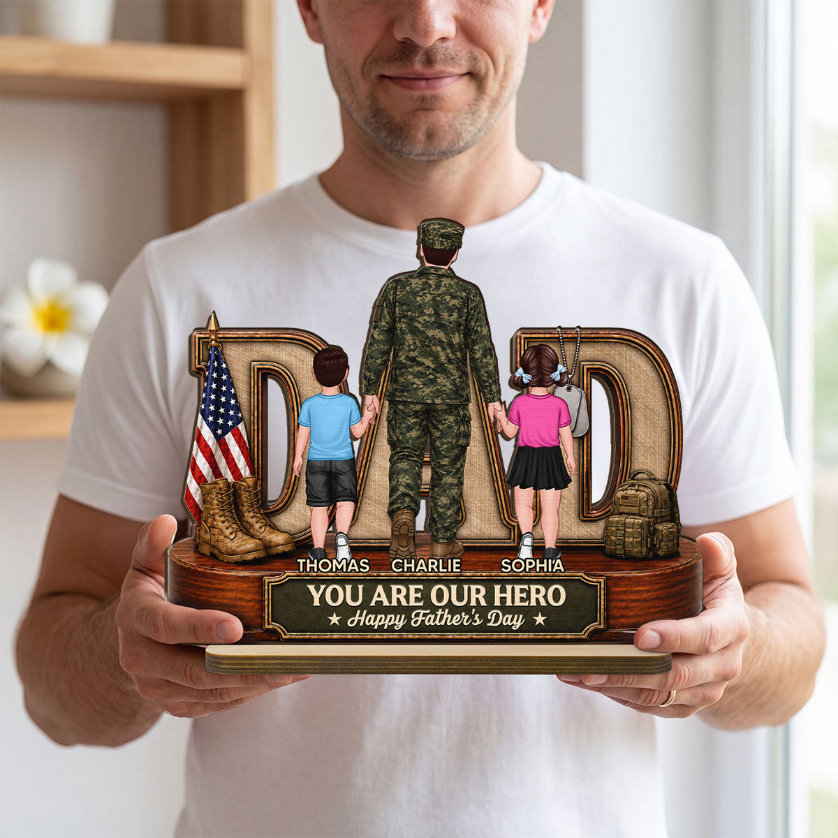 Proud American Army Dad You Are Our Hero - Personalized 2-Layered Wooden Plaque - Gift For Dad, Husband