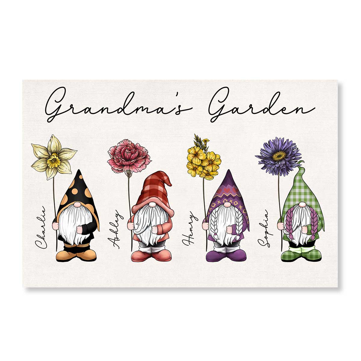 Grandma‘s Garden Beautiful Vintage Birth Flowers Cute Custom Gnomes Personalized Horizontal Poster