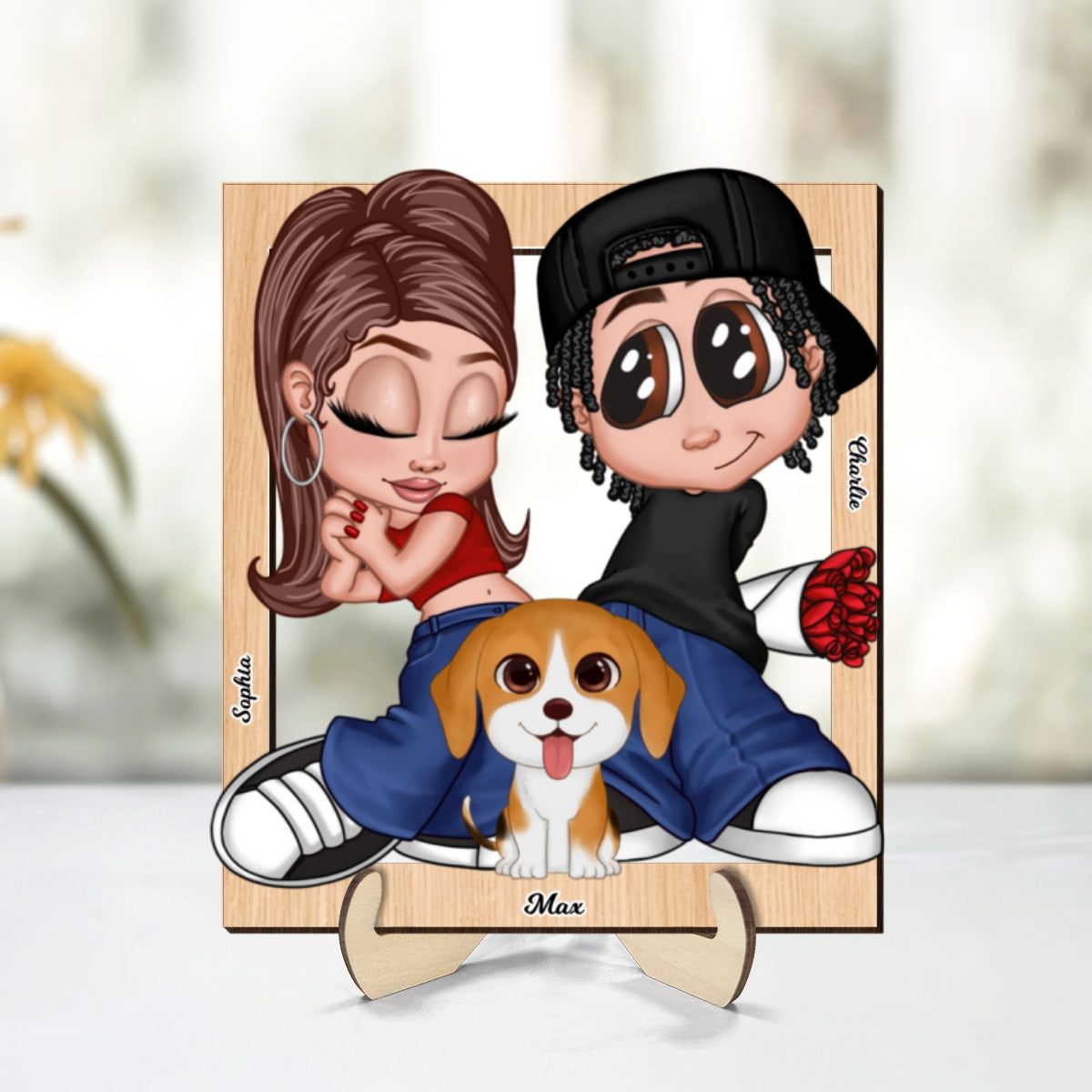Y2K Couple Dogs Cats Frame Personalized 2-layer Wooden Plaque, Gift for Him, Gift for Her