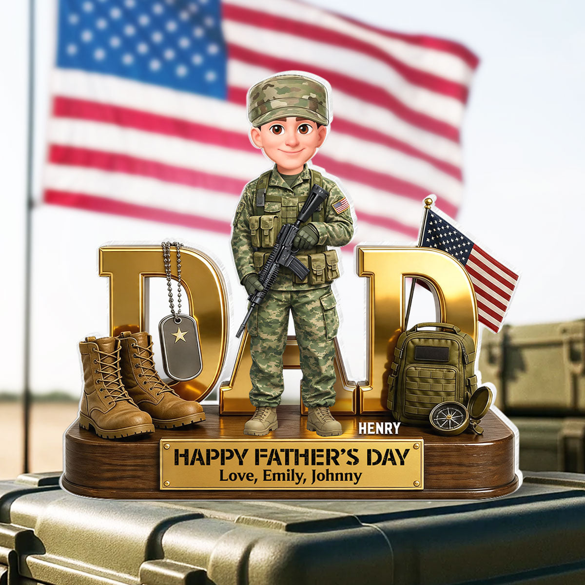 Proud American Military Armed Force Hero Dad 2D Flat - Personalized Acrylic Block Plaque - Unique Trending Gift For Dad, Husband