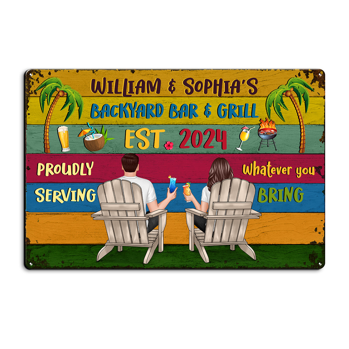Welcome To Backyard Bar & Grill Back View Couple Personalized Metal Sign