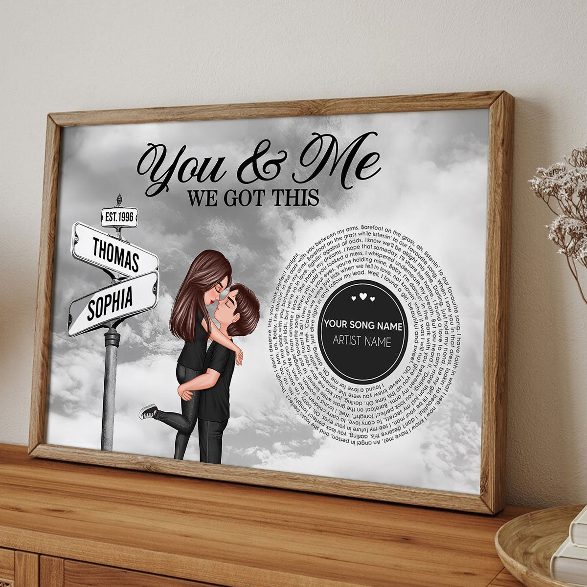 Vintage Street Sign Couple Hugging Kissing Personalized Song Lyrics Poster, Anniversary Gift For Him, For Her